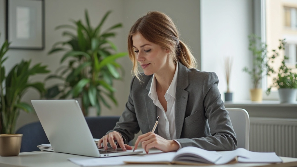Marknadsförare som arbetar med innehållsplanering vid skrivbord med anteckningar och laptop