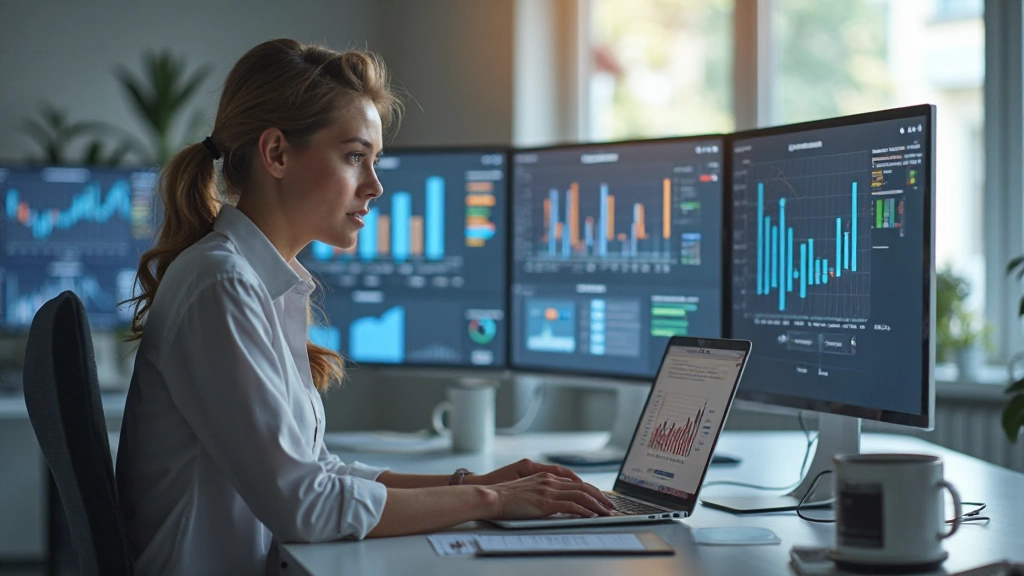 Professionell bild av digital marknadsföring på en modern arbetsplats med laptop och grafer