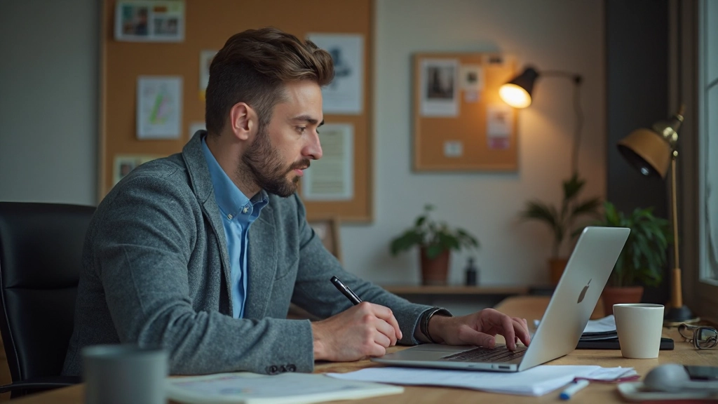 Innehållsmarknadsföring på en arbetsplats med en person som skriver och designar blogginlägg