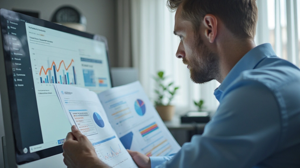 Digital marknadsförare granskar sociala medier strategi och engagement metrics på stor datorskärm