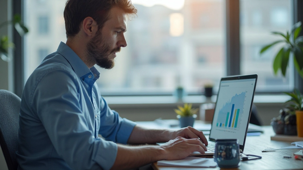 Professionell arbetsmiljö med person som analyserar SEO-data på en bärbar dator