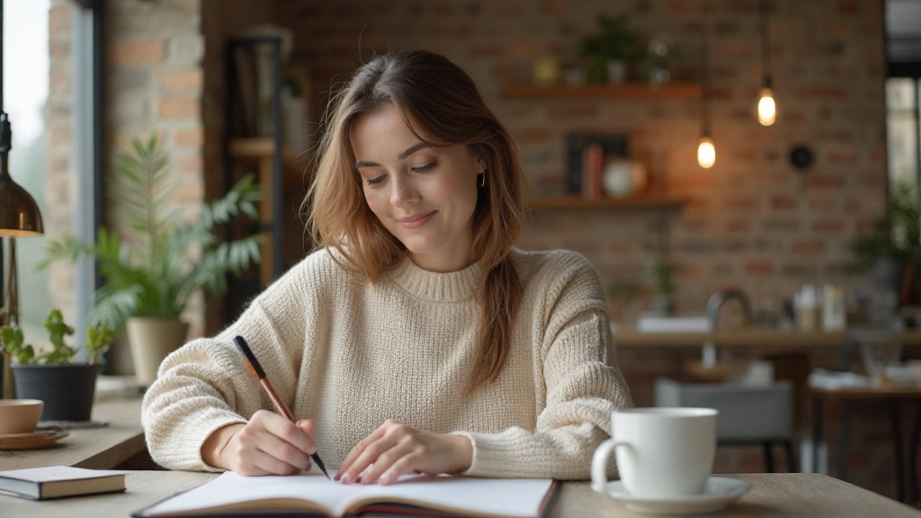 Innehållsskapare planerar bloggartikel med anteckningar och kaffe