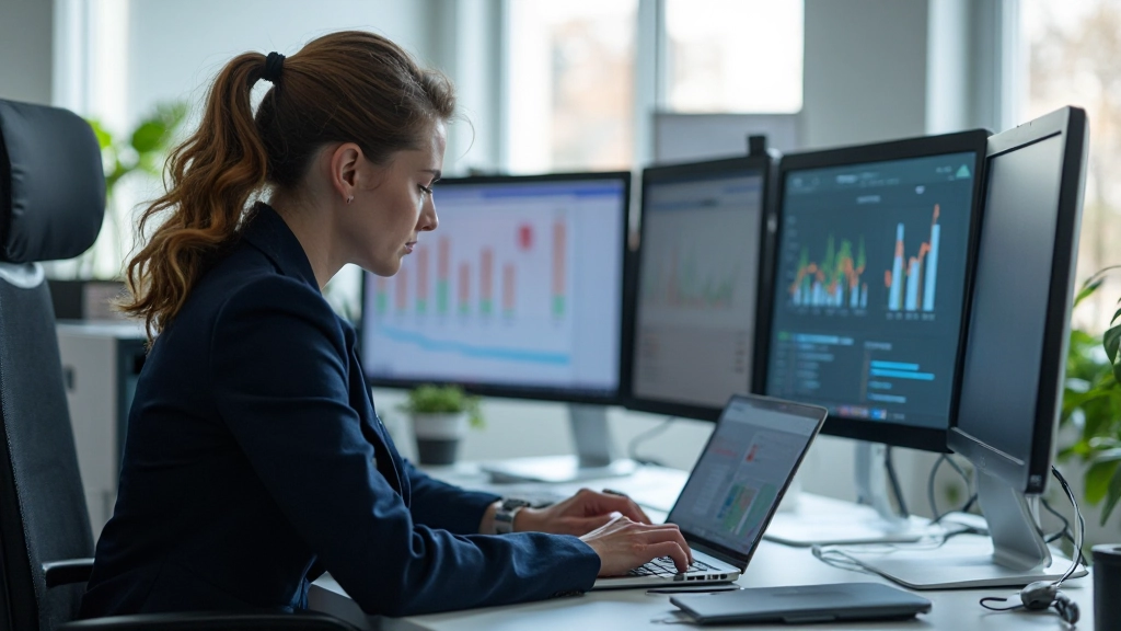 Marknadsföringsanalytiker studerar digitala grafer och rapporter på dataskärm